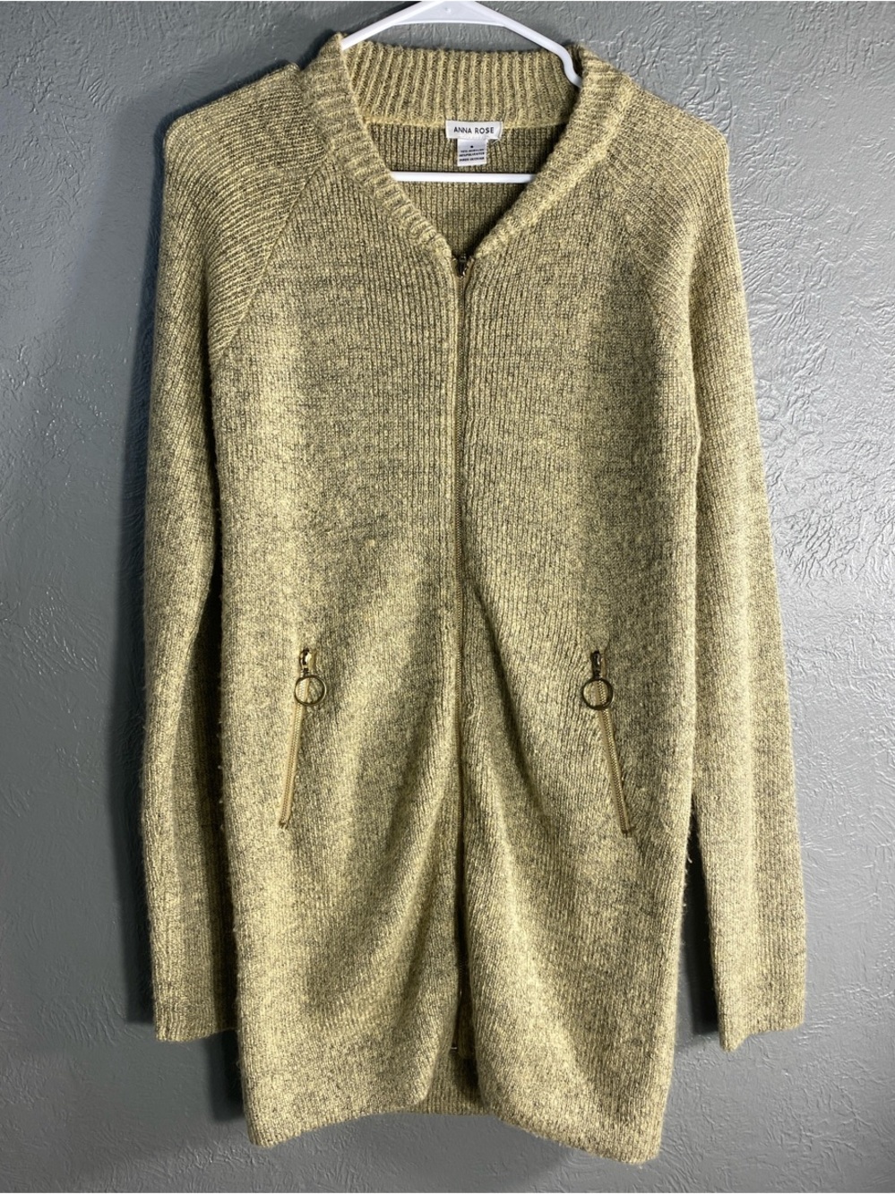 Anna Rose Sweater Dress Womens S Olive Long Sleeve Full Zip Pockets Knit